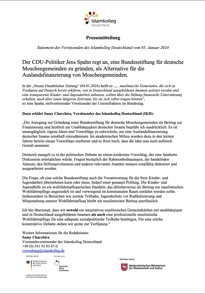 Pressemitteilung - Alternative für die Auslandsfinanzierung von Imamen