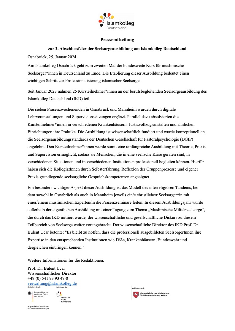 Pressemitteilung - zur 2. Abschlussfeier der Seelsorgeausbildung am Islamkolleg Deutschland